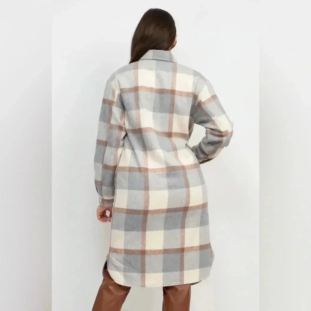 Cream & Gravy Plaid Knee Length Shacket Coat - Picture 4 of 4